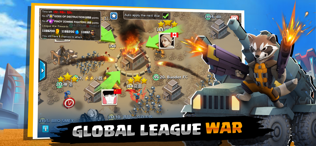 X-War: Clash of Zombies - Global League War gameplay in X-War Clash of Zombies featuring a raccoon hero on a tank.
