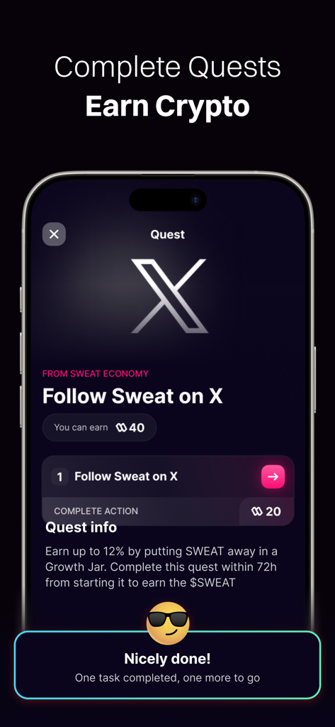 Sweat Wallet app interface showing a social media quest to follow on X for crypto rewards