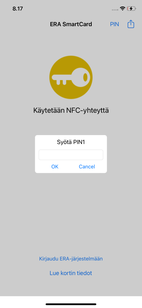 Interface de l'application mobile eRA SmartCard affichant une invite de saisie de NIP pour l'authentification par carte à puce médicale