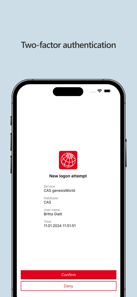 Interfaz de la aplicación SecureLogin en un iPhone que muestra un intento de inicio de sesión de autenticación de dos factores para CAS genesisWorld con botones de confirmar y denegar