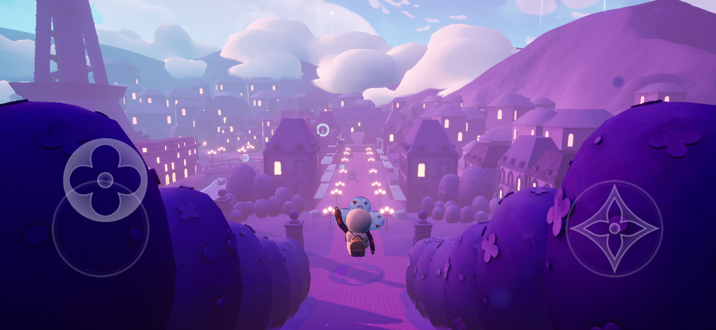 LOUIS THE GAME - Vivienne, der Charakter, springt durch eine traumhafte lila Stadt in Louis the Game