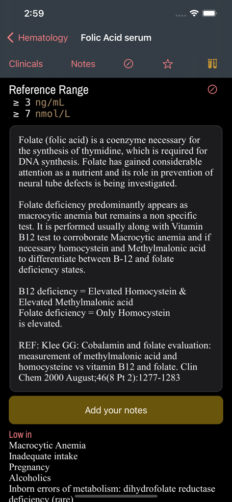 LabGear – Medical Lab Tests - Valeurs de référence sériques de l'acide folique et informations cliniques dans l'application LabGear