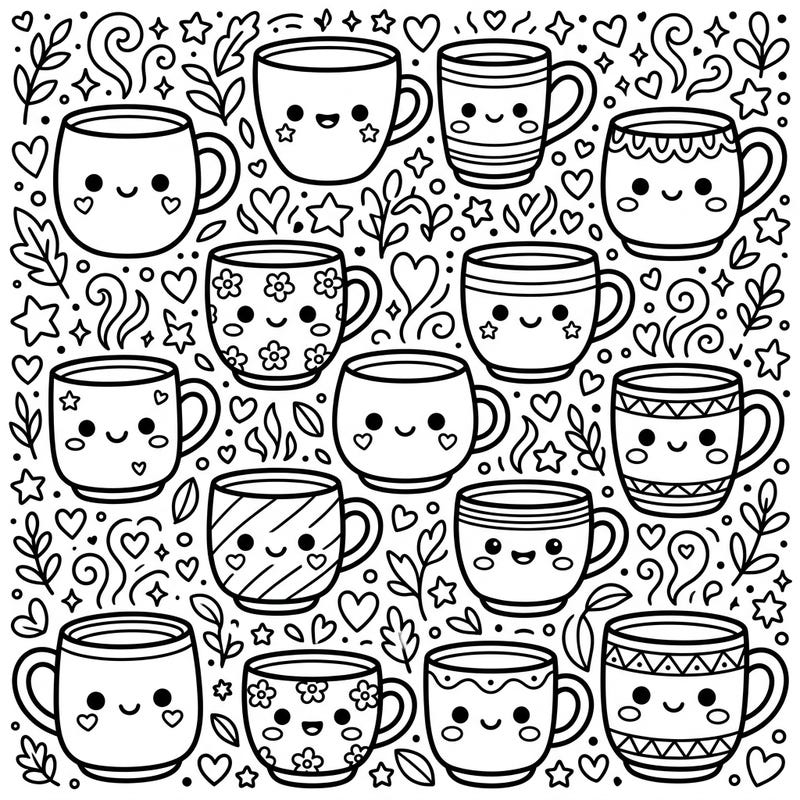 Dive into a world of cuteness with our Kawaii Mugs & Cups coloring page! Featuring an array of sweet-faced mugs adorned with delightful patterns, this page is perfect for a relaxing and joyful coloring session.