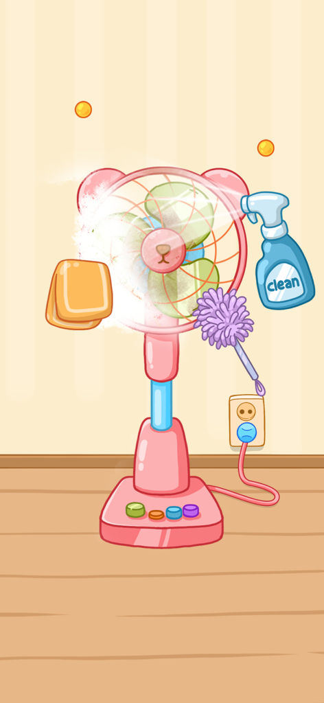 Satiszone: Perfect ASMR Tidy - Gameplay screenshot showing a pink animal-themed desk fan being cleaned with a spray bottle and duster in Satiszone