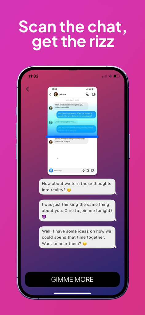 Rizz App: AI Wingman - Interface do Rizz App exibindo respostas de chat geradas por IA após escanear uma captura de tela de conversa de namoro