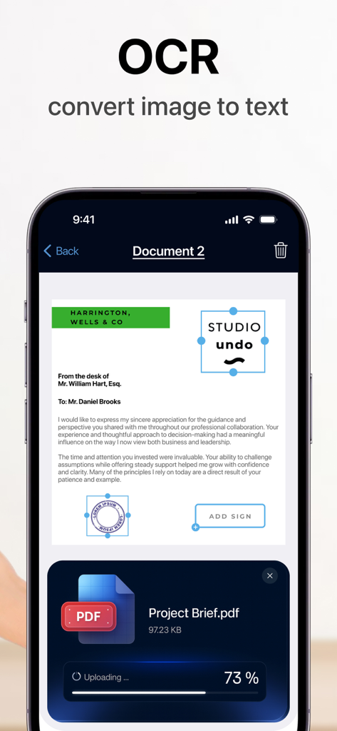 Scan photo to PDF & Sign Docs - Interfaccia di un'app mobile che mostra la funzionalità OCR per convertire immagini in testo con una schermata di modifica del documento e il progresso del caricamento del PDF
