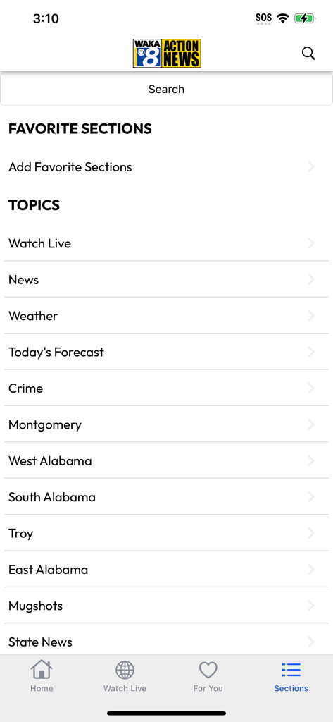 WAKA News - The sections menu of the WAKA News app showing news categories and Alabama local regions like Montgomery and Troy