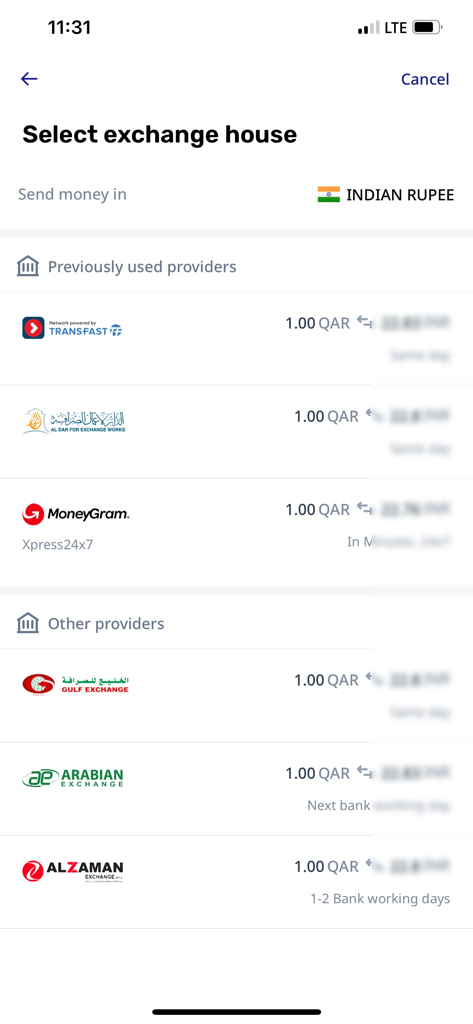 Ooredoo Money - Ooredoo Money app screen showing a list of exchange houses and remittance providers for sending money to India