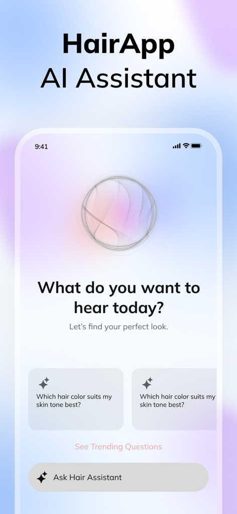 Interfaccia dell'Assistente AI di HairApp che mostra l'analisi del colore dei capelli e le opzioni di consulenza di bellezza.