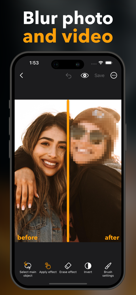 Blur Video & Photo -AI Pix App - Comparación de antes y después del difuminado de rostros pixelados en la interfaz de Pix App