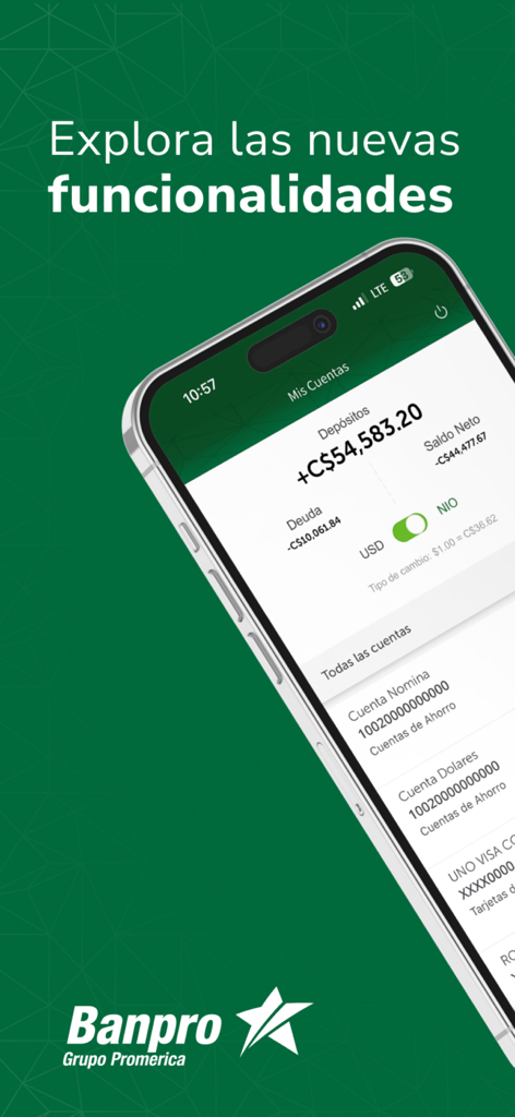 Aplicación Banca Móvil Banpro mostrando saldos de cuenta y lista de cuentas bancarias en una pantalla móvil