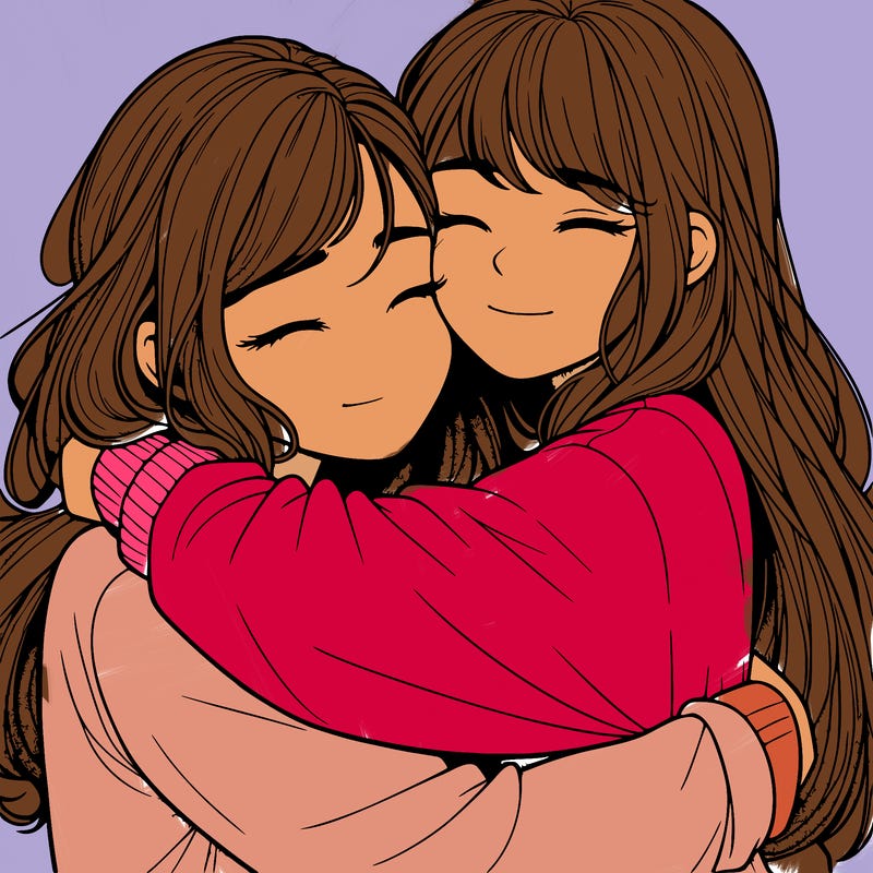 realistic two girls hugging