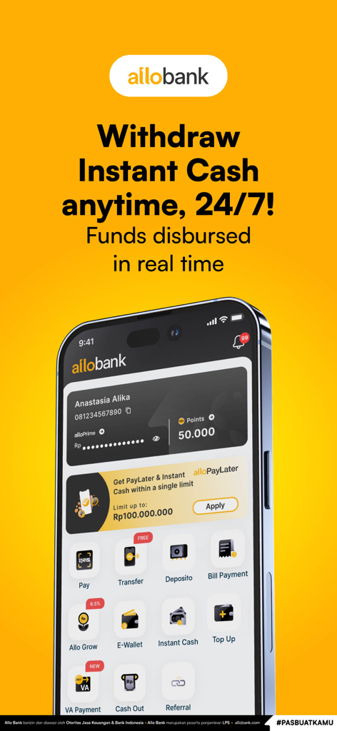 Interfaz de la aplicación móvil Allo Bank mostrando retiro de efectivo instantáneo y funciones de banca digital