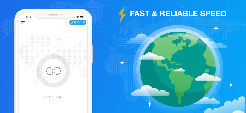 VPN Proxy app interface showing fast and reliable connection speed with global coverage illustration