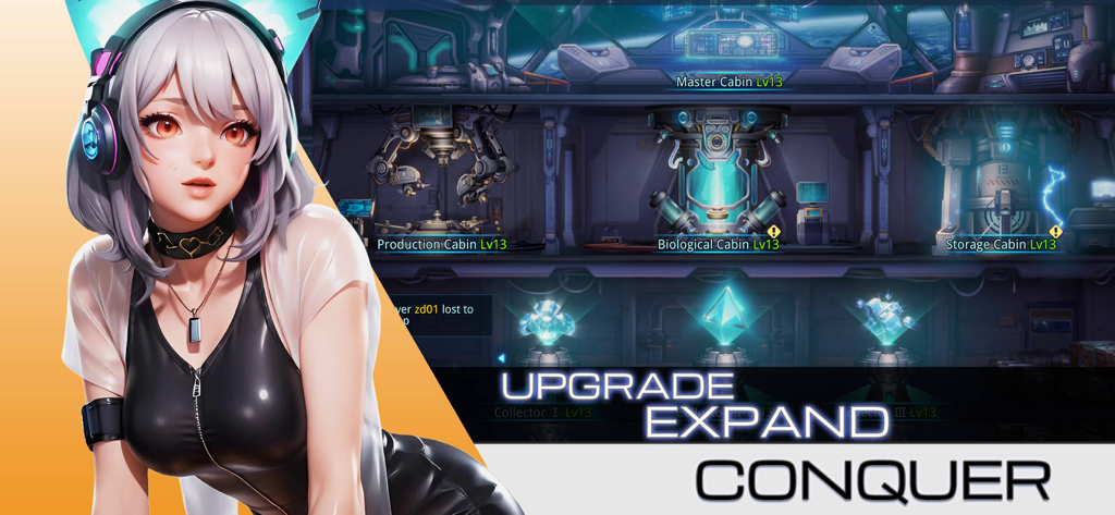 Angel Legion - Futuristic spaceship cabin interface with an anime character and text saying upgrade expand conquer