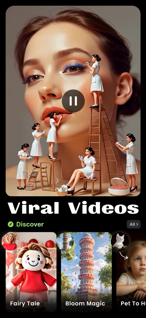 Figurine 3D - Action Figure AI - Interface of the Figurine 3D app featuring viral video effects and AI art styles