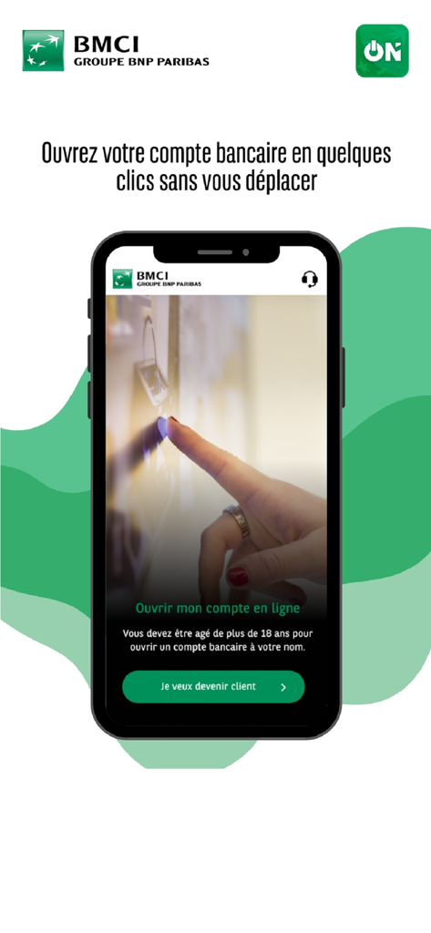 BMCI ON - BMCI ON mobile App-Oberfläche, die den Prozess zur Eröffnung eines marokkanischen Bankkontos online zeigt