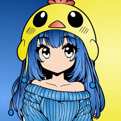 anime girl with chick shaped hat with sweater with bare shoulders with bangs covering them one eye with low tail