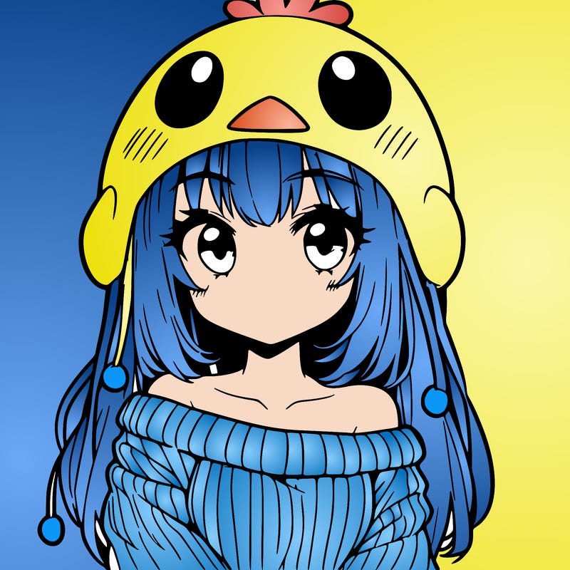 anime girl with chick shaped hat with sweater with bare shoulders with bangs covering them one eye with low tail