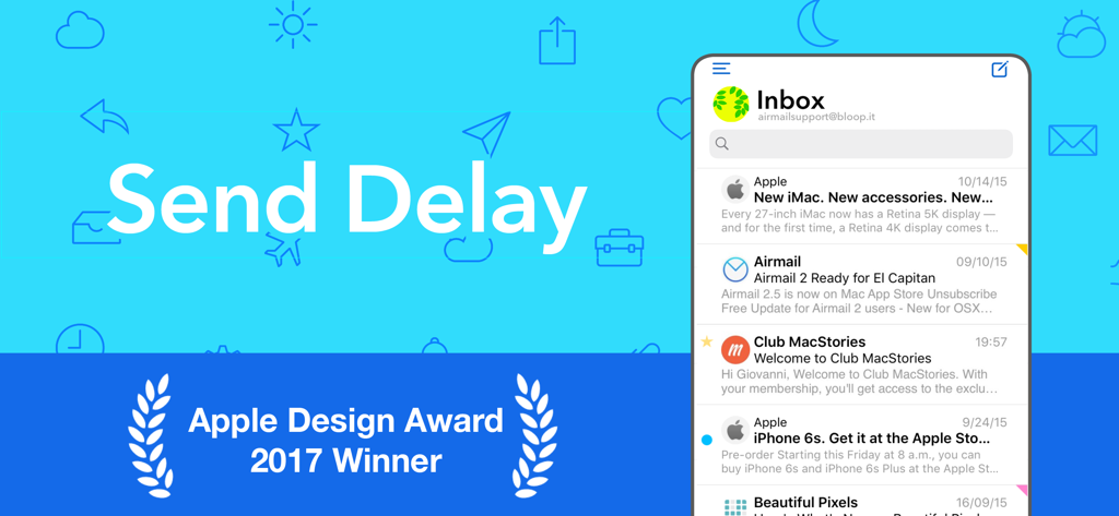 Airmail for Gmail Outlook IMAP - Airmail E-Mail-App-Oberfläche mit dem Send Delay-Tool und der Auszeichnung als Gewinner des Apple Design Award 2017