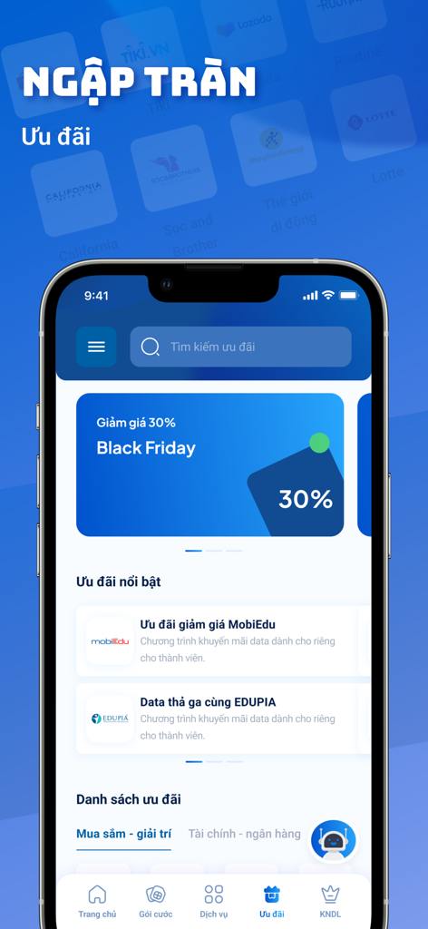 Pantalla de la aplicación My MobiFone mostrando varias promociones y descuentos de Black Friday.