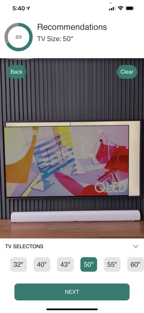 AR view of a fifty inch TV placed on a wall using the TVfit app