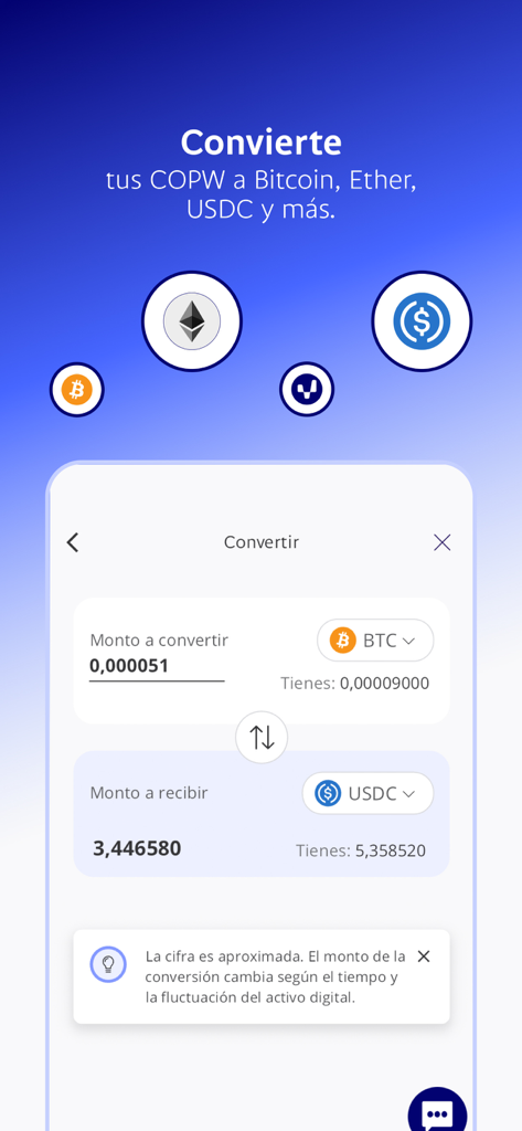 Interfaz de la app Wenia mostrando una conversión de criptomonedas de Bitcoin a USDC