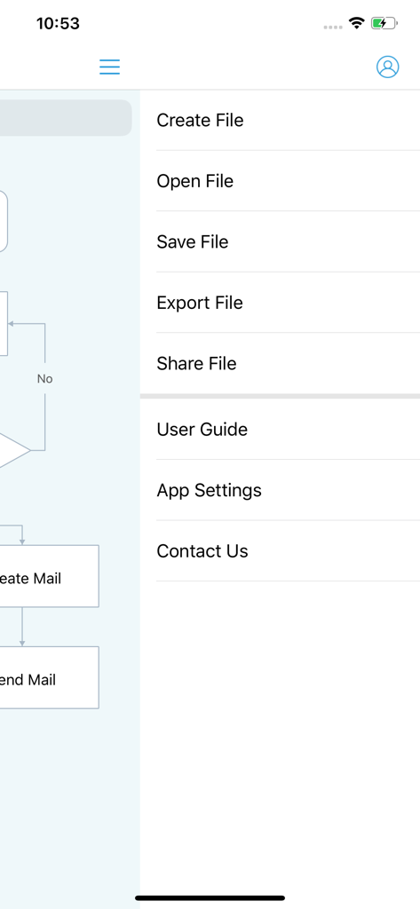 MindFlowアプリのサイドメニュー、ファイル管理と設定のオプションを表示