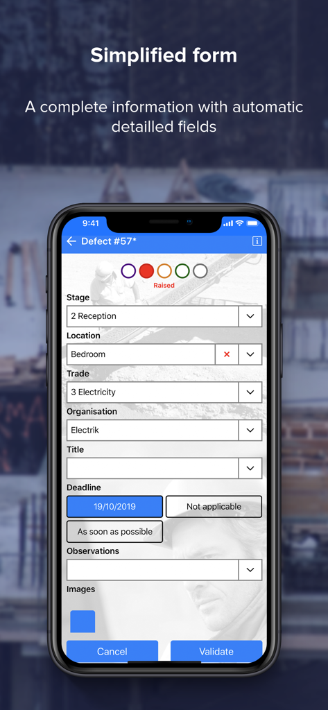 Site Supervision - A smartphone screen displaying a simplified construction defect report form within the Site Supervision app.