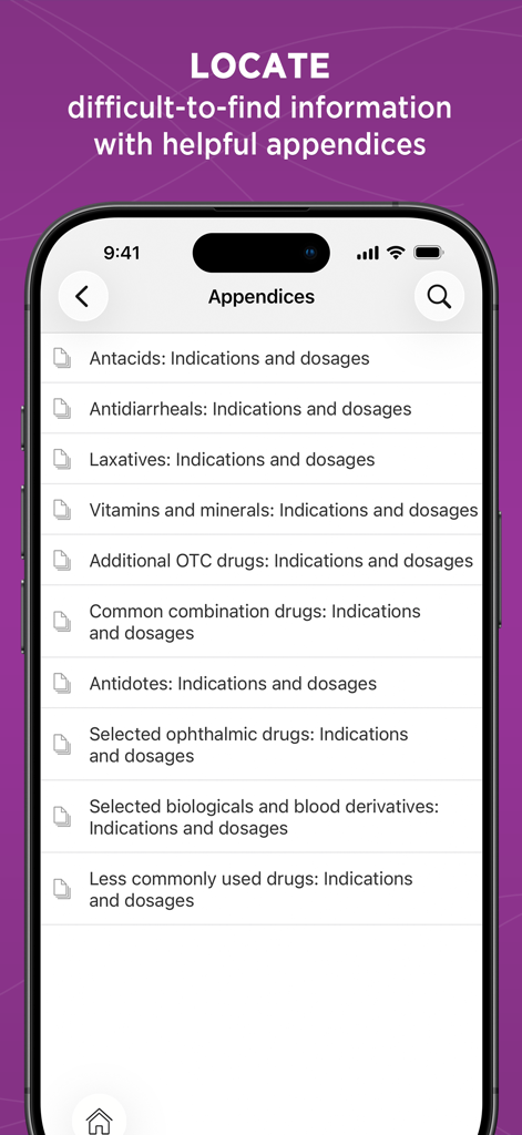 A screenshot of the Nursing Drug Handbook app displaying an appendices list for drug indications and dosages.