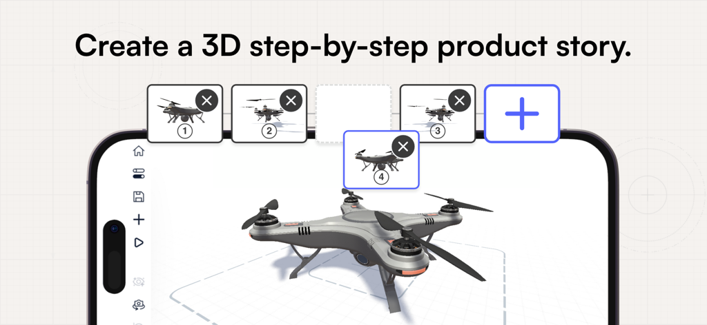 A smartphone interface showing the JigSpace app creating a 3D step-by-step product story with a drone model.