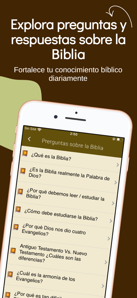 El Libro de Enoc y Biblia - Interfaz de la aplicación móvil mostrando una lista de preguntas y respuestas de estudio de la Biblia en español