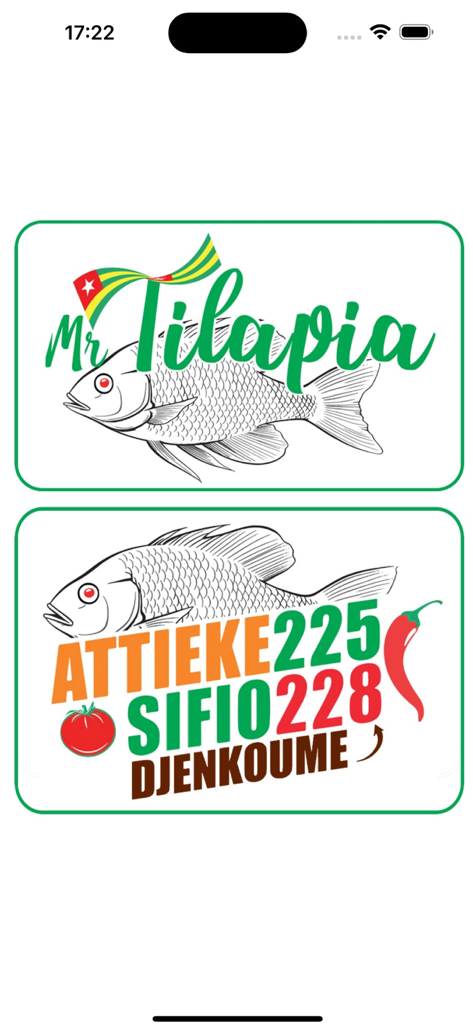 Mr Tilapia - Mr Tilapia app branding featuring fish illustrations and traditional Togolese food names like Attieke and Djenkoume