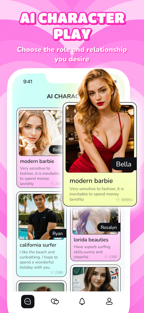 Bechill app screen showing AI character profiles for social interaction and roleplay.