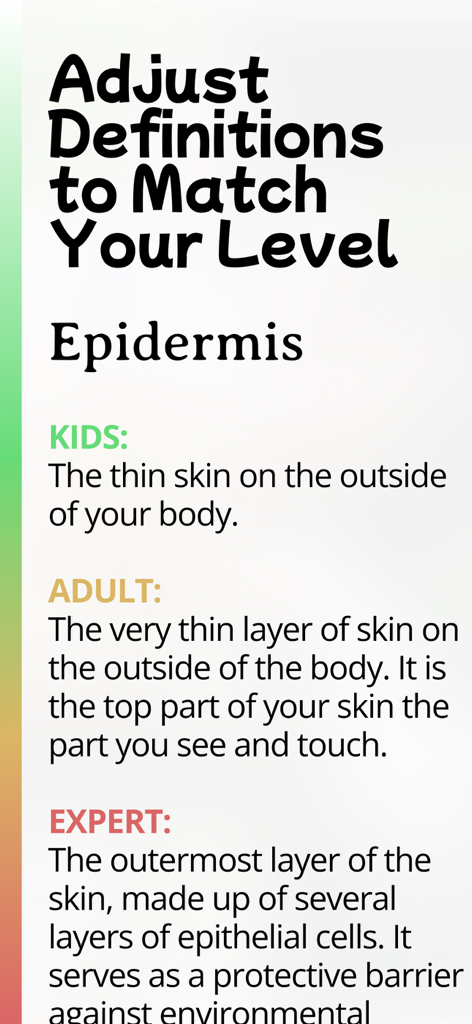 Lomar English Dictionary - Captura de tela do aplicativo Dicionário Lomar de Inglês mostrando definições para a palavra Epiderme adaptadas para crianças, adultos e especialistas