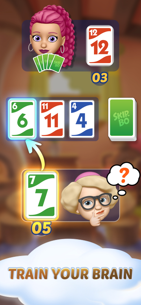 Skip-Bo Solitaire card game screenshot showing two female avatars playing a strategic match with the text Train Your Brain