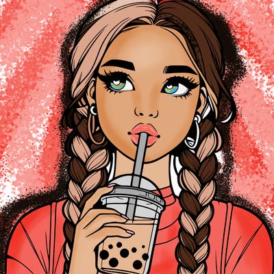 realistic girl with braided hair drinking boba