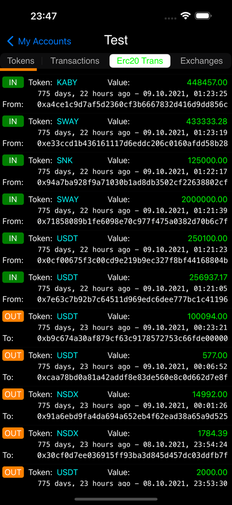Screenshot of ERC20 token transaction history showing incoming and outgoing transfers on the Polygon network