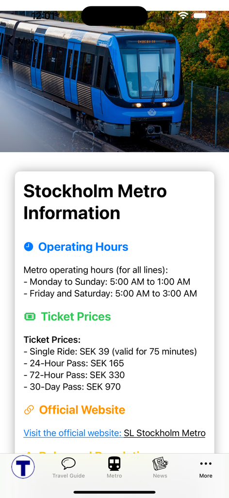Stockholm Subway Map - Stockholm subway information screen showing operating hours and ticket prices