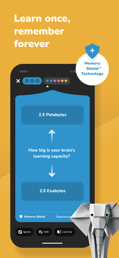 Kinnu: Superpower learning - Kinnu app interface showing a quiz question about brain capacity with a Memory Shield badge