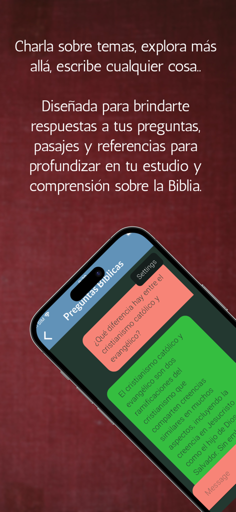 Biblia Chat IA GPT - Chat-Oberfläche der Biblia Chat IA App, die ein theologisches Gespräch auf Spanisch über die Unterschiede zwischen katholischem und evangelischem Christentum zeigt