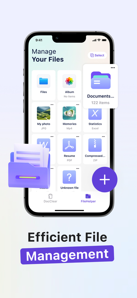 DocClear:clean my phone - Pantalla del iPhone mostrando la interfaz de gestión de archivos de la aplicación DocClear con carpetas para fotos, videos y PDF.