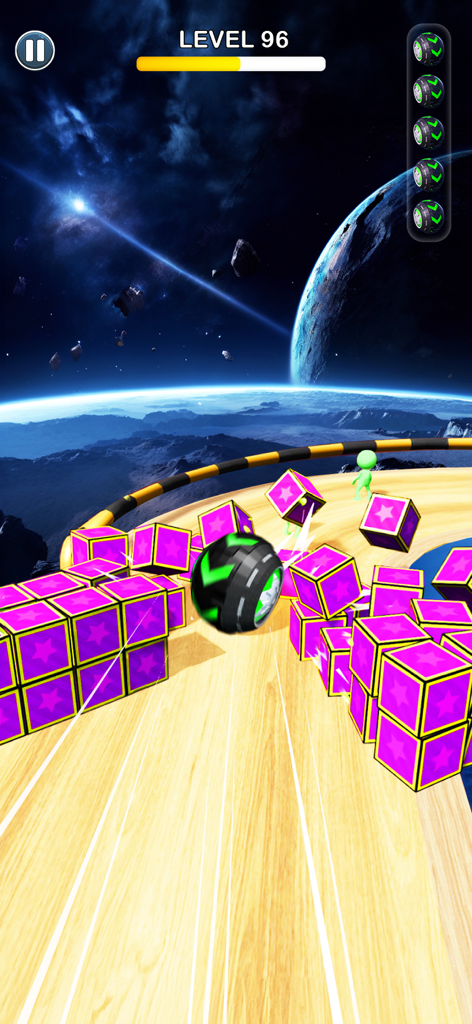 A 3D ball rolling on a wooden track in space smashing through purple blocks.