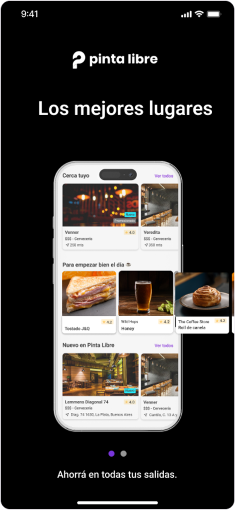 Interface do aplicativo Pinta Libre exibindo bares e cafeterias locais com ofertas de Compre Um, Leve Outro