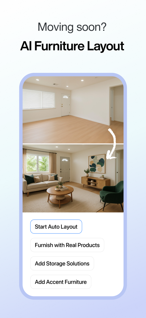 AI Interior & 3D Room Planner - Vista de antes y después de una habitación vacía amueblada automáticamente con la función de distribución de muebles de Ohouse AI