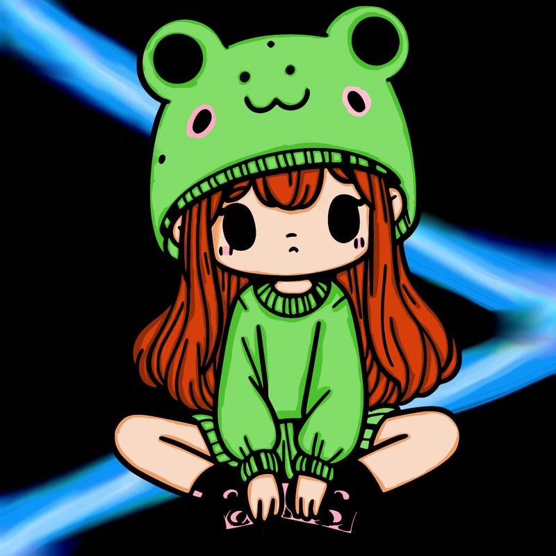 a girl wearing a frog hat and some frog socks