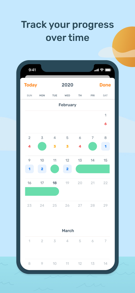 Less - Alcohol Tracker - Calendar view of the Less app displaying tracked alcohol intake and drink-free day streaks