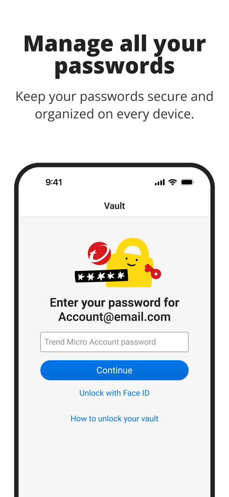 Trend Micro ID Protection - Screenshot der Trend Micro ID Protection App, der eine Anmeldeseite für das Passwort-Tresor mit der Überschrift Alle Ihre Passwörter verwalten anzeigt