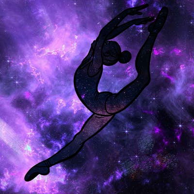 gymnast doing a leap in a leotard with a bent back leg