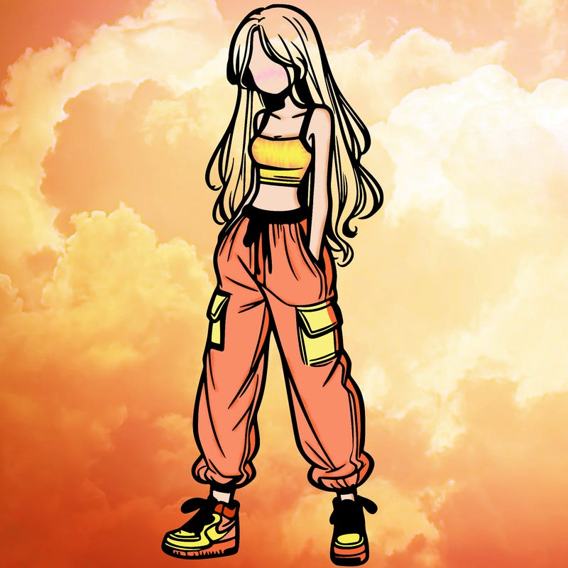 girl in baggy pants crop top and long hair